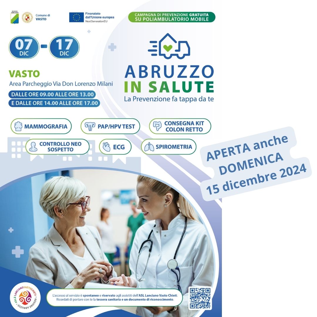 Casa della salute mobile a Vasto dal 7 al 17 dicembre 2024. Aperta anche domenica 15 dicembre! 