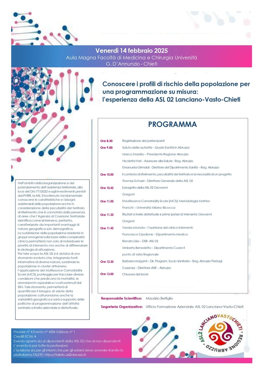 Conoscere i profili di rischio della popolazione per una programmazione su misura: l’esperienza della Asl Lanciano Vasto Chieti - Chieti, venerdì 14 febbraio 2025