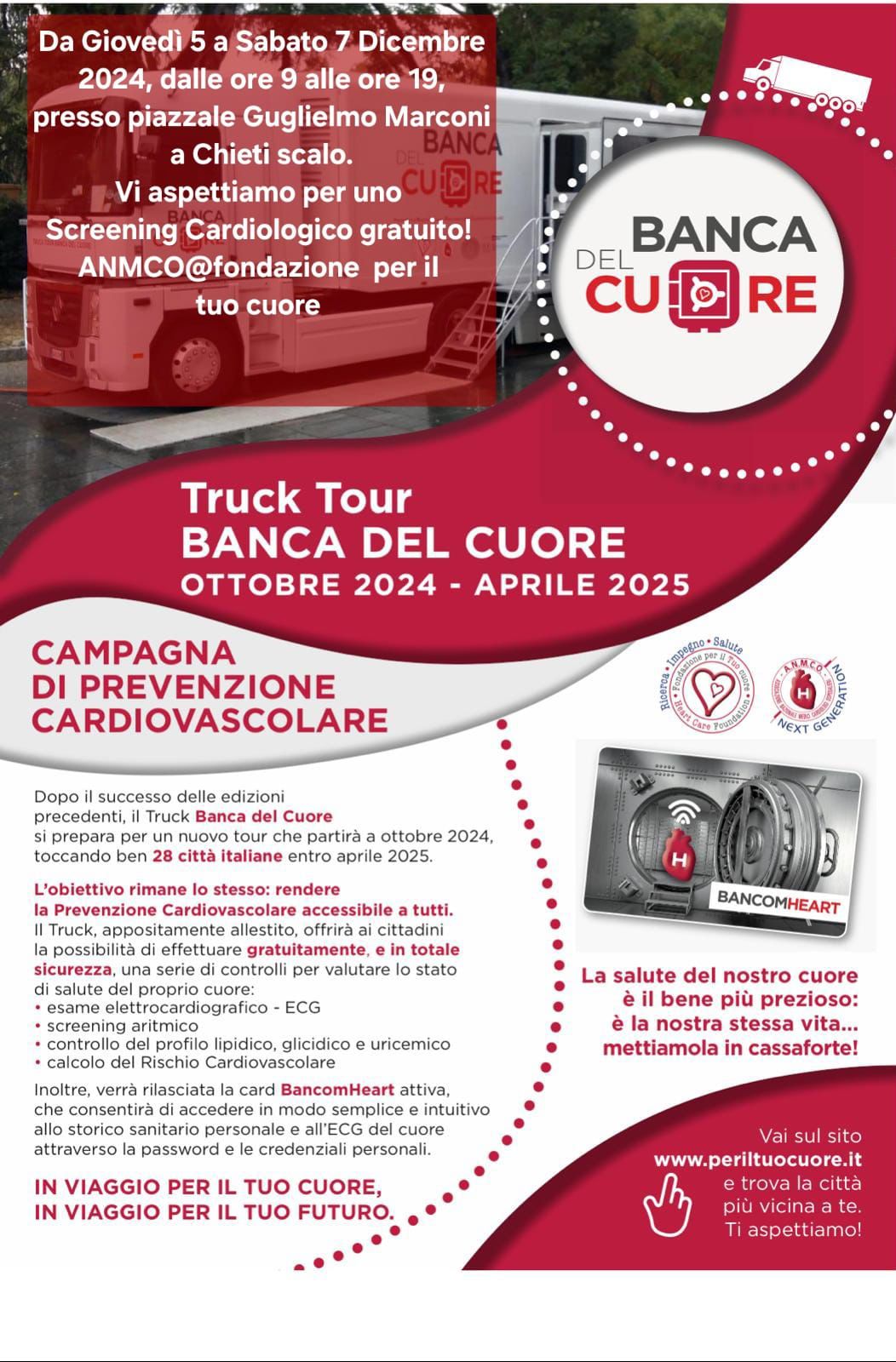 Screening cardiologico gratuito, il truck tour "Banca del Cuore" a Chieti Scalo dal 5 al 7 dicembre 2024